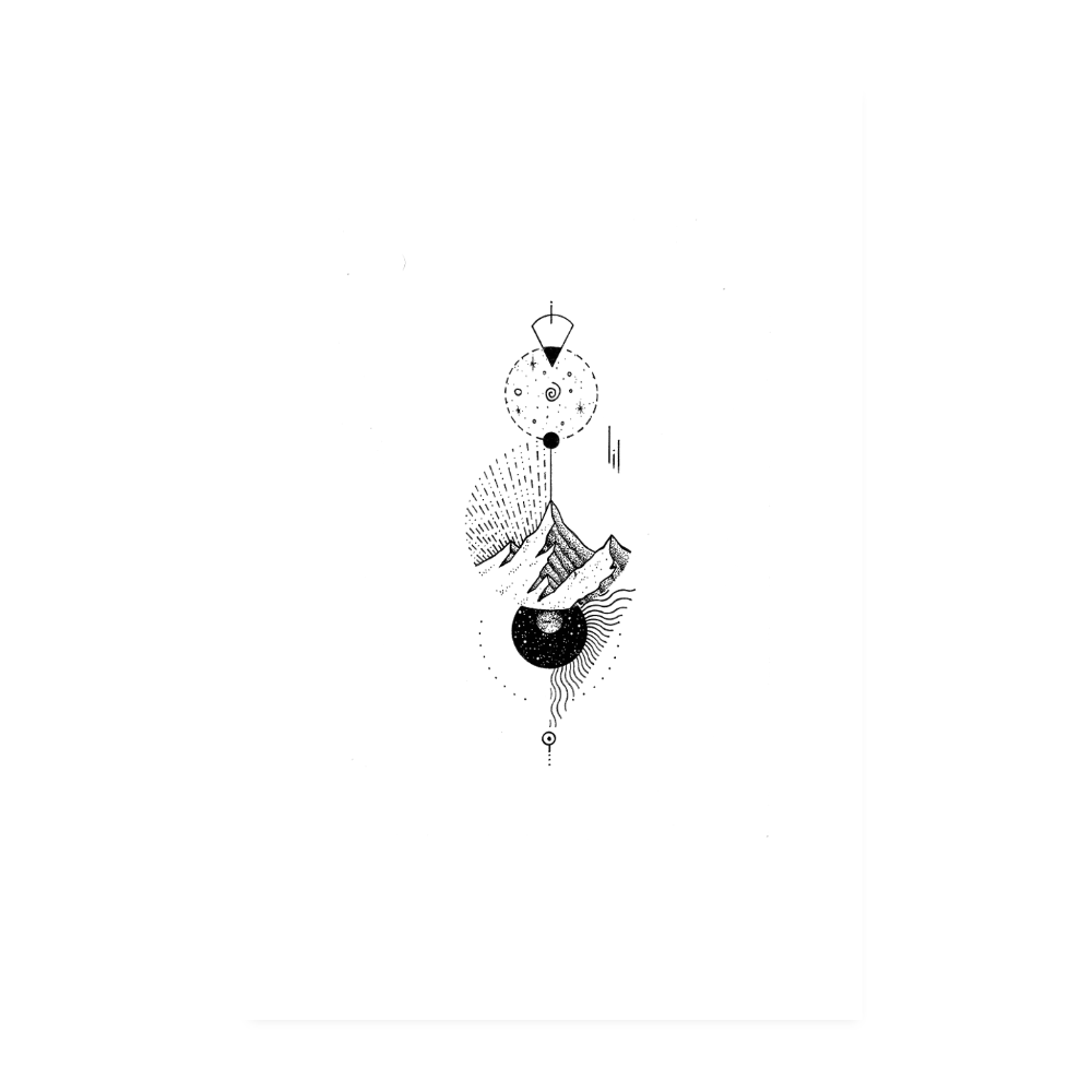 Geometrische Berglandschaft – Minimalistischer Kunstdruck in Schwarz-Weiß, Dotwork, Fineliner Illustration